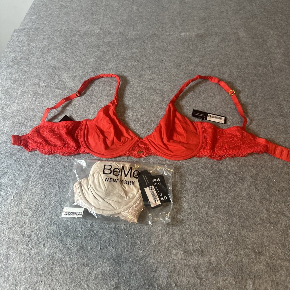 2 BeMe New York Women's Bra 32C Under Wire Red & Beige NWT Adj Straps Lace